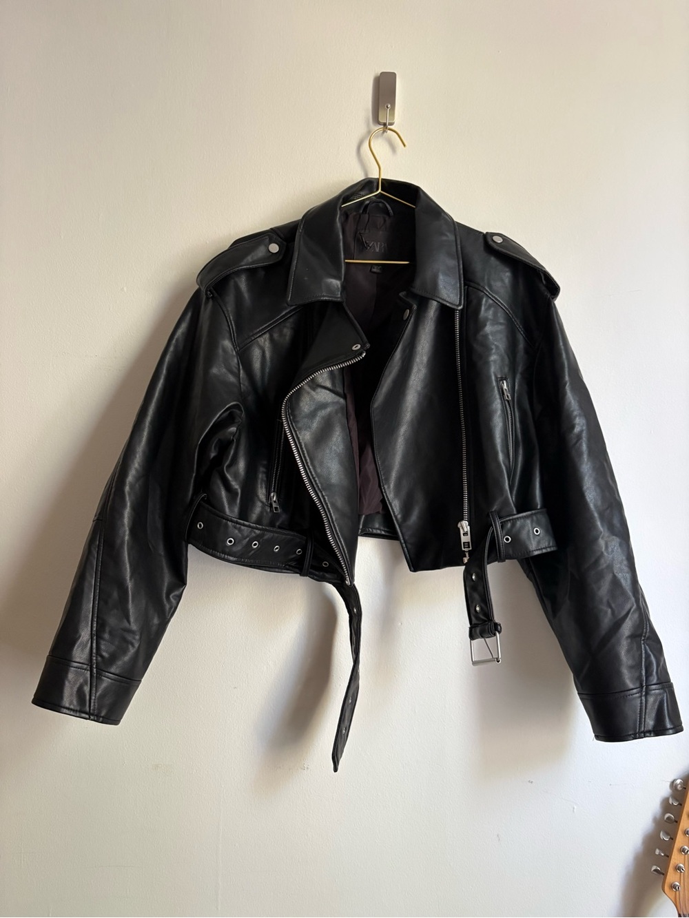 Zara Black Cropped Vegan Leather Moto Jacket with Belt